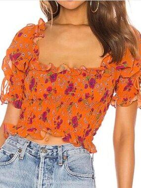For Love and Lemons Floral Orange Tangerine Stretchy Shirred Short SleevCrop Top